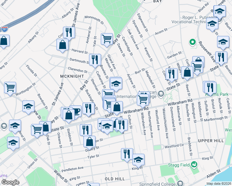 map of restaurants, bars, coffee shops, grocery stores, and more near 55 Catharine Street in Springfield
