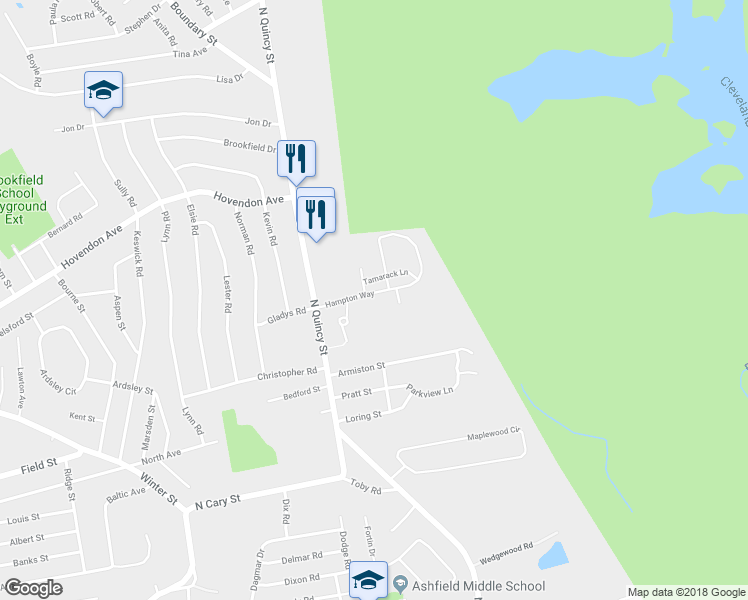 map of restaurants, bars, coffee shops, grocery stores, and more near 125 Hampton Way in Abington