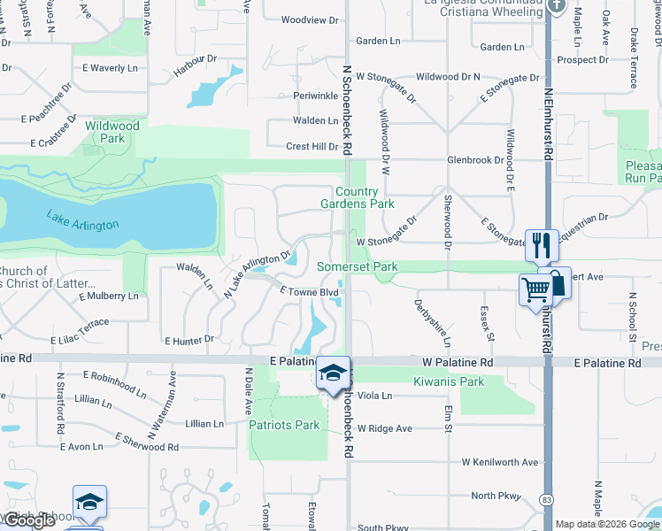 map of restaurants, bars, coffee shops, grocery stores, and more near 2123 North Charter Point Drive in Arlington Heights