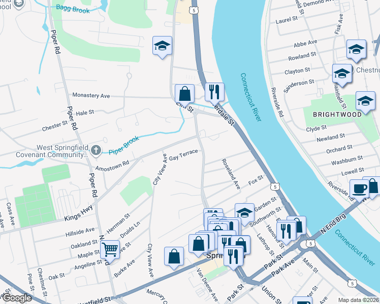 map of restaurants, bars, coffee shops, grocery stores, and more near 30 Gay Terrace in West Springfield