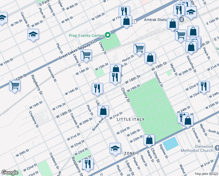 map of restaurants, bars, coffee shops, grocery stores, and more near in Erie