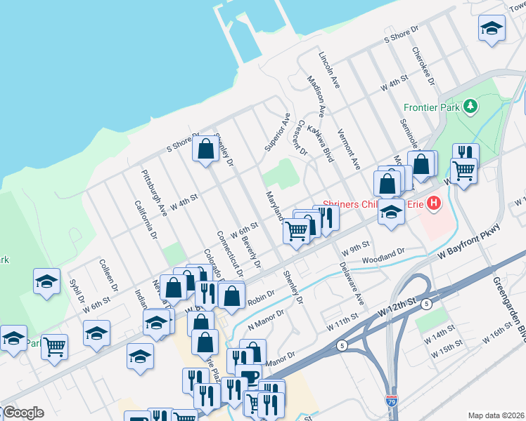 map of restaurants, bars, coffee shops, grocery stores, and more near 506 Maryland Avenue in Erie