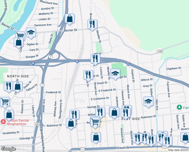 map of restaurants, bars, coffee shops, grocery stores, and more near Broad Avenue & Abbott Street in Binghamton