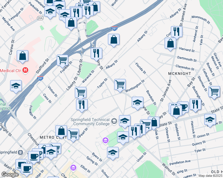 map of restaurants, bars, coffee shops, grocery stores, and more near 99 Federal Street in Springfield