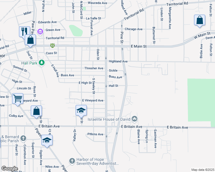 map of restaurants, bars, coffee shops, grocery stores, and more near 281 South Fair Avenue in Benton Harbor