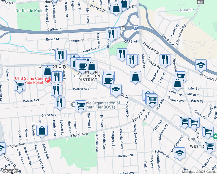 map of restaurants, bars, coffee shops, grocery stores, and more near Main Street & Park Street in Johnson City