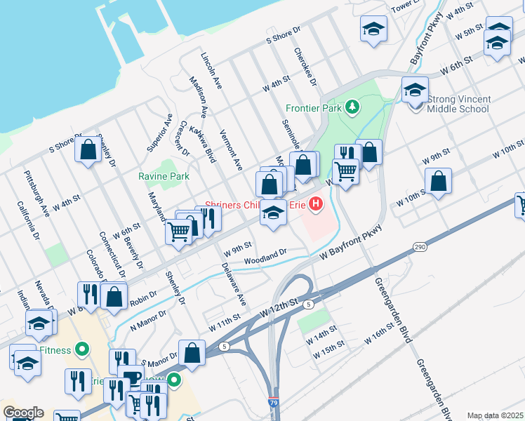 map of restaurants, bars, coffee shops, grocery stores, and more near 1726 West 8th Street in Erie