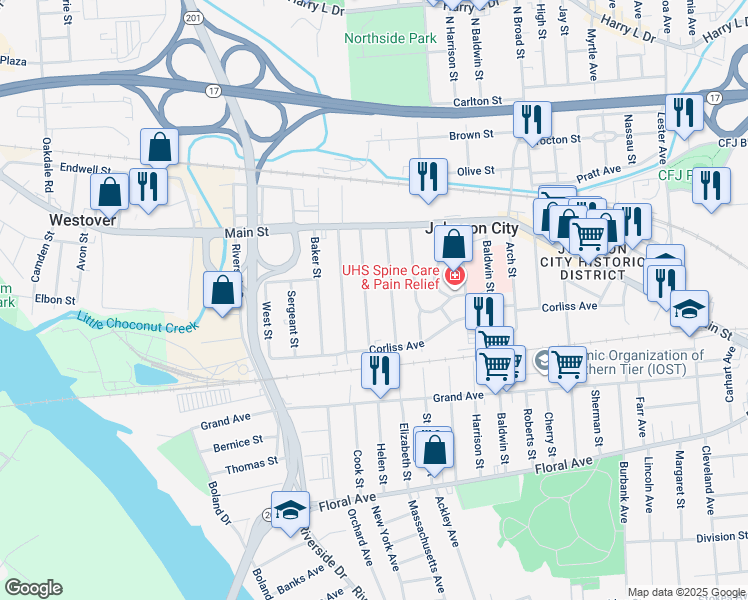 map of restaurants, bars, coffee shops, grocery stores, and more near 73 Albert Street in Johnson City