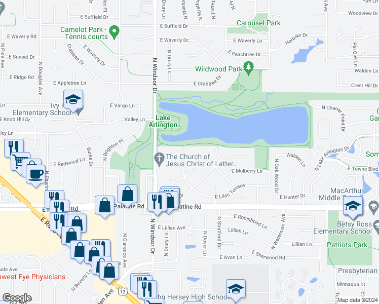 map of restaurants, bars, coffee shops, grocery stores, and more near 1624 East Jonquil Terrace in Arlington Heights