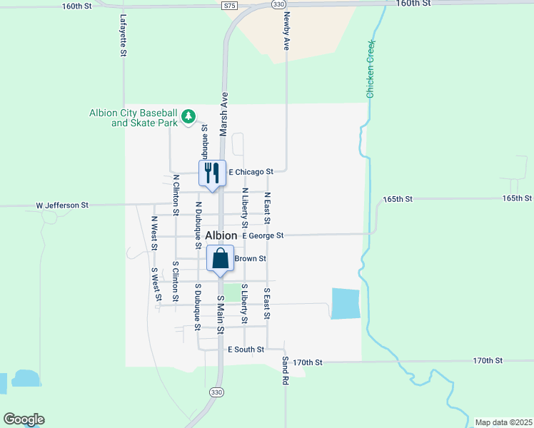 map of restaurants, bars, coffee shops, grocery stores, and more near 301 East North Street in Albion