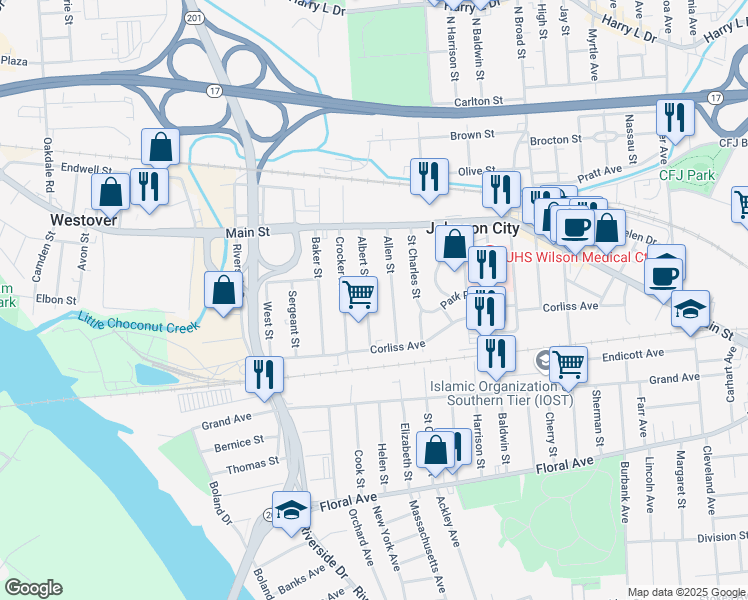 map of restaurants, bars, coffee shops, grocery stores, and more near 71 Albert Street in Johnson City