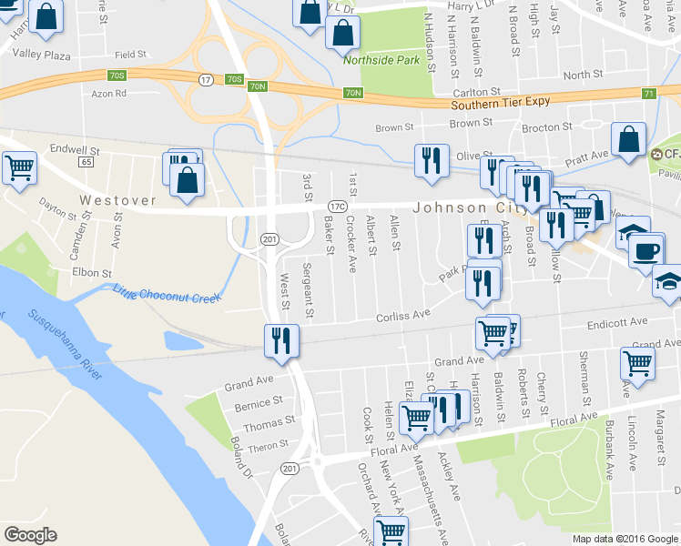 map of restaurants, bars, coffee shops, grocery stores, and more near 83 Baker Street in Johnson City