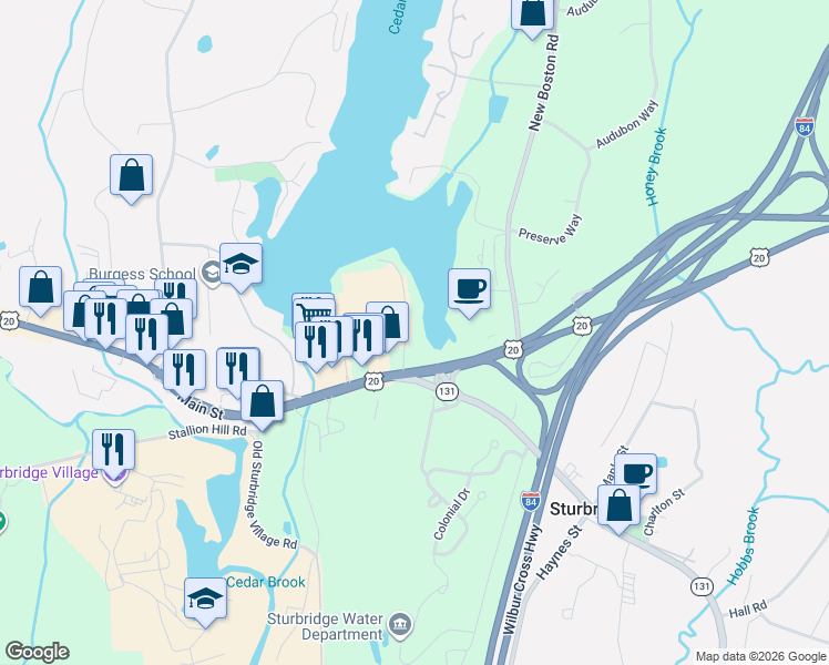 map of restaurants, bars, coffee shops, grocery stores, and more near 6 Fairground Road in Sturbridge