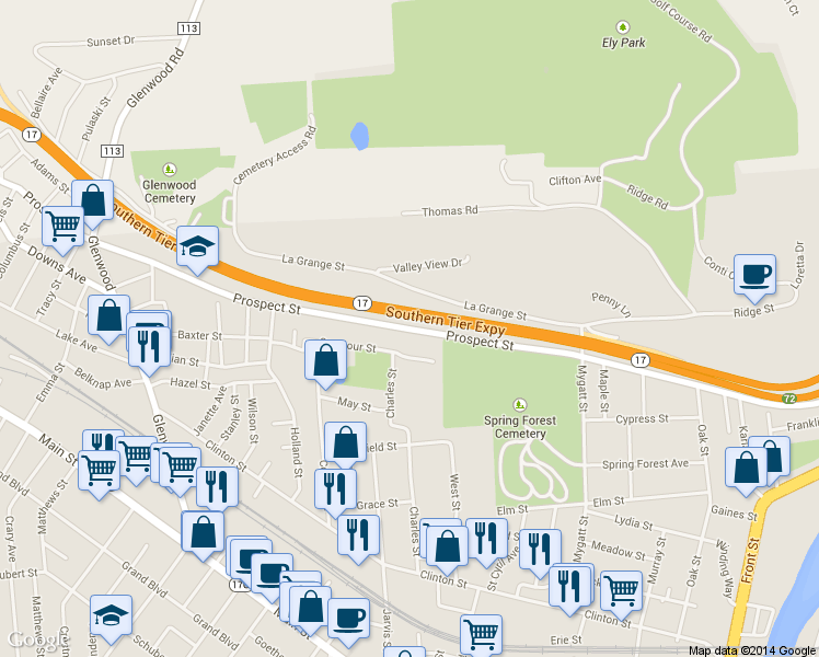 map of restaurants, bars, coffee shops, grocery stores, and more near 228 Prospect St in Binghamton