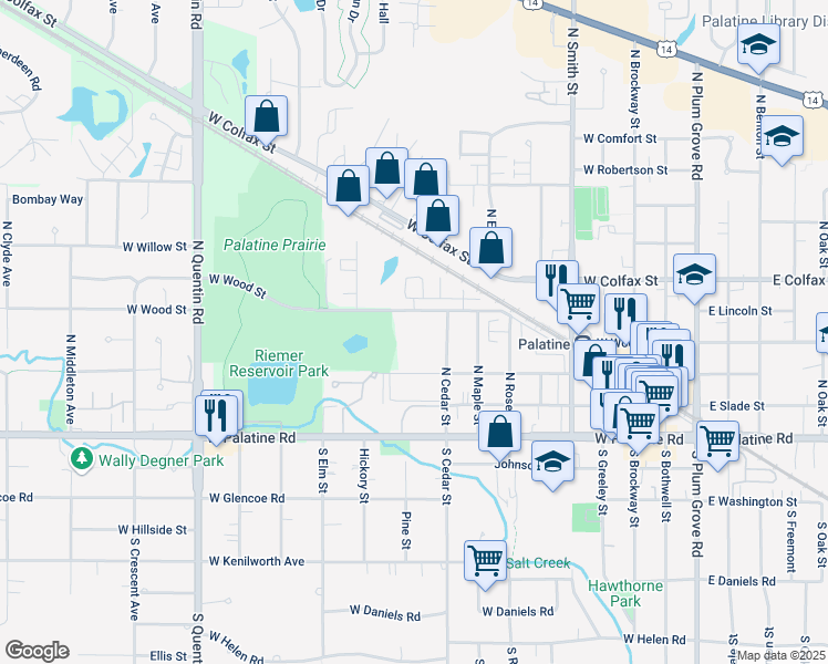 map of restaurants, bars, coffee shops, grocery stores, and more near 432 West Wood Street in Palatine