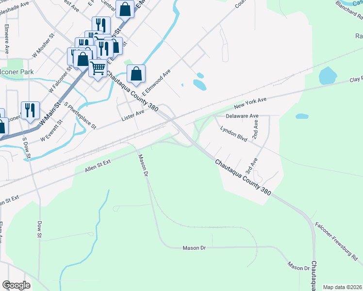 map of restaurants, bars, coffee shops, grocery stores, and more near 2 Allen Street in Falconer