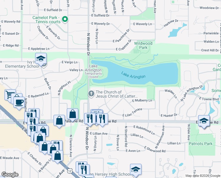 map of restaurants, bars, coffee shops, grocery stores, and more near 1624 East Jonquil Terrace in Arlington Heights