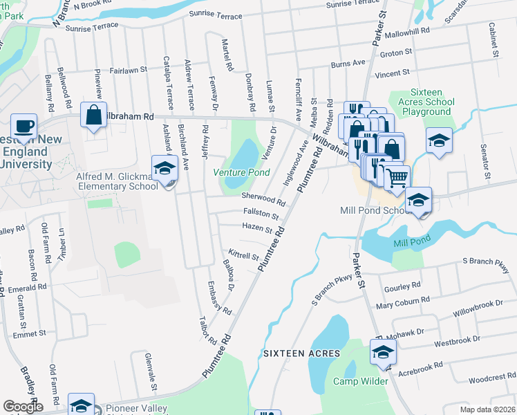 map of restaurants, bars, coffee shops, grocery stores, and more near 58 Sherwood Road in Springfield