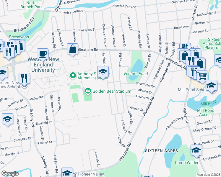 map of restaurants, bars, coffee shops, grocery stores, and more near 132 Birchland Avenue in Springfield