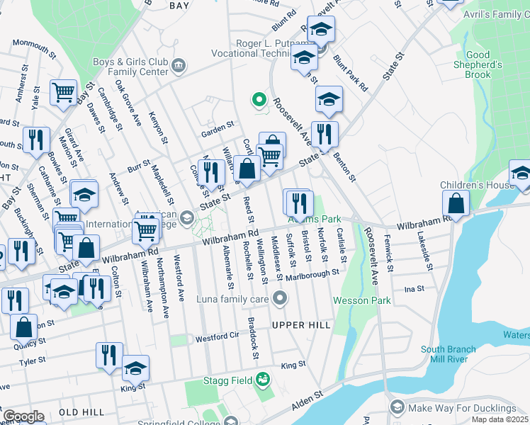 map of restaurants, bars, coffee shops, grocery stores, and more near 24 Dresden Street in Springfield