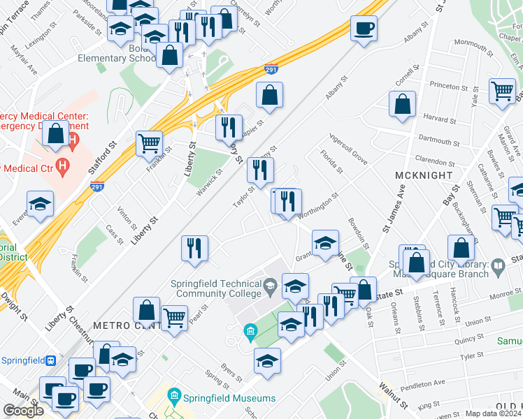 map of restaurants, bars, coffee shops, grocery stores, and more near 118 Armory Street in Springfield