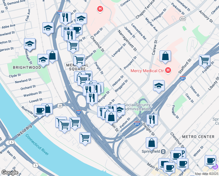 map of restaurants, bars, coffee shops, grocery stores, and more near in Springfield