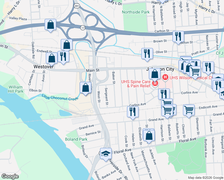 map of restaurants, bars, coffee shops, grocery stores, and more near 11 Sturtevant Street in Johnson City