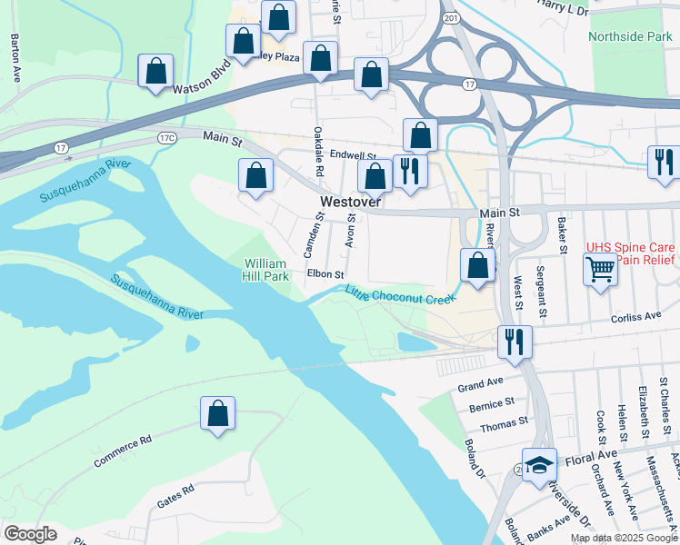 map of restaurants, bars, coffee shops, grocery stores, and more near 16 Elbon Street in Johnson City