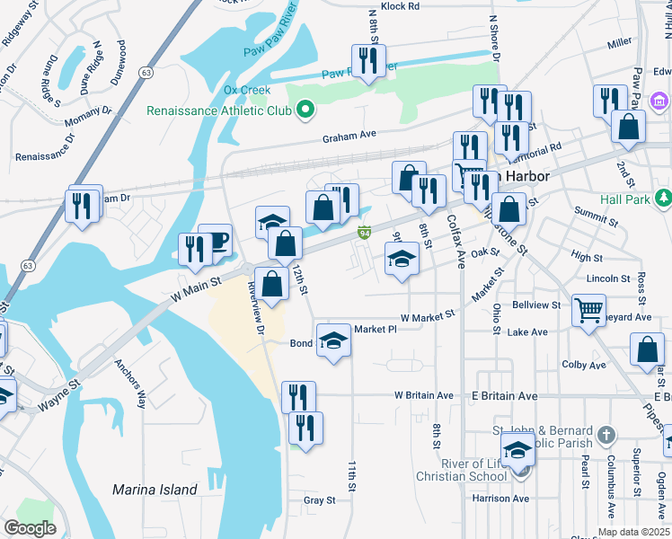 map of restaurants, bars, coffee shops, grocery stores, and more near 330 West Main Street in Benton Harbor