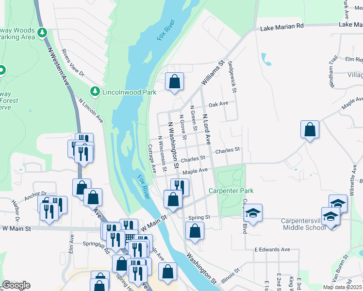 map of restaurants, bars, coffee shops, grocery stores, and more near 218 North Grove Street in Carpentersville