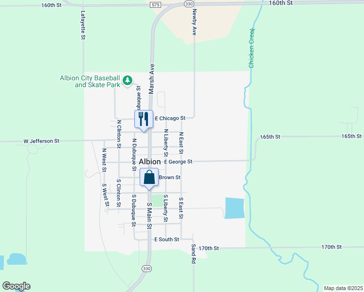 map of restaurants, bars, coffee shops, grocery stores, and more near 301 East North Street in Albion