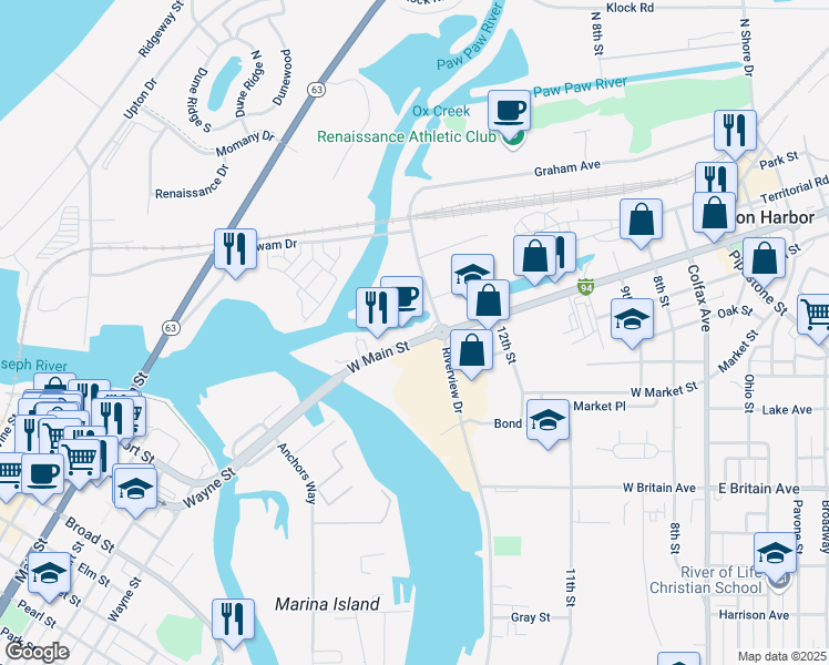 map of restaurants, bars, coffee shops, grocery stores, and more near 589 West Main Street in Benton Harbor