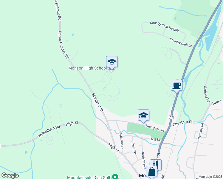 map of restaurants, bars, coffee shops, grocery stores, and more near 43 Margaret Street in Monson