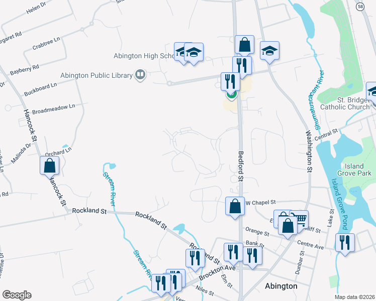map of restaurants, bars, coffee shops, grocery stores, and more near 418 Thayer Street in Abington