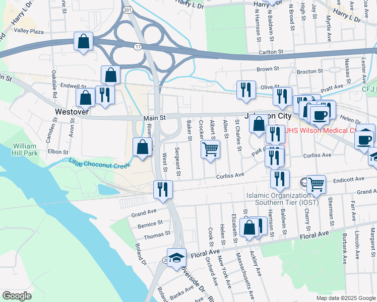 map of restaurants, bars, coffee shops, grocery stores, and more near 80 Baker Street in Johnson City
