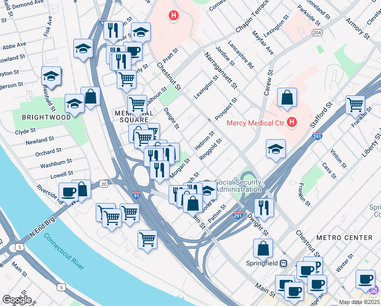 map of restaurants, bars, coffee shops, grocery stores, and more near in Springfield