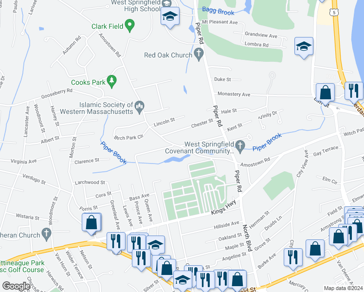 map of restaurants, bars, coffee shops, grocery stores, and more near 110 Smyrna Street in West Springfield