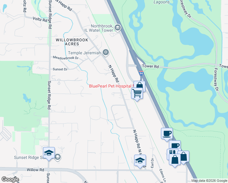 map of restaurants, bars, coffee shops, grocery stores, and more near 820 North Happ Road in Northfield