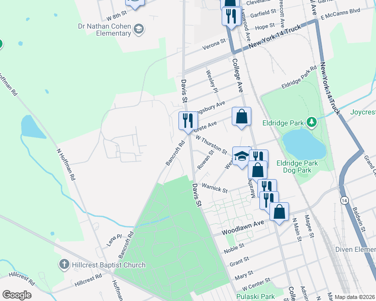 map of restaurants, bars, coffee shops, grocery stores, and more near 1861 Davis Street in Elmira