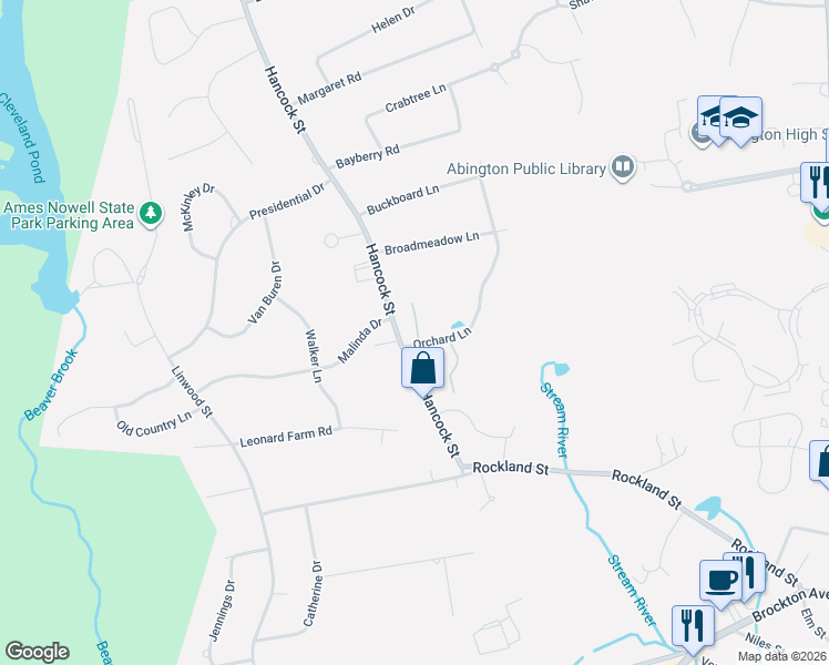 map of restaurants, bars, coffee shops, grocery stores, and more near 6 Orchard Lane in Abington