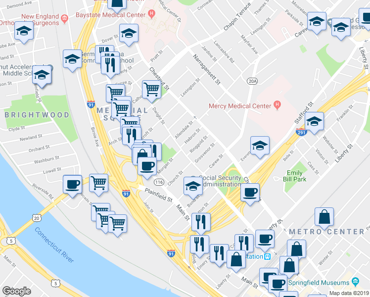 map of restaurants, bars, coffee shops, grocery stores, and more near 5-17 Hebron Street in Springfield
