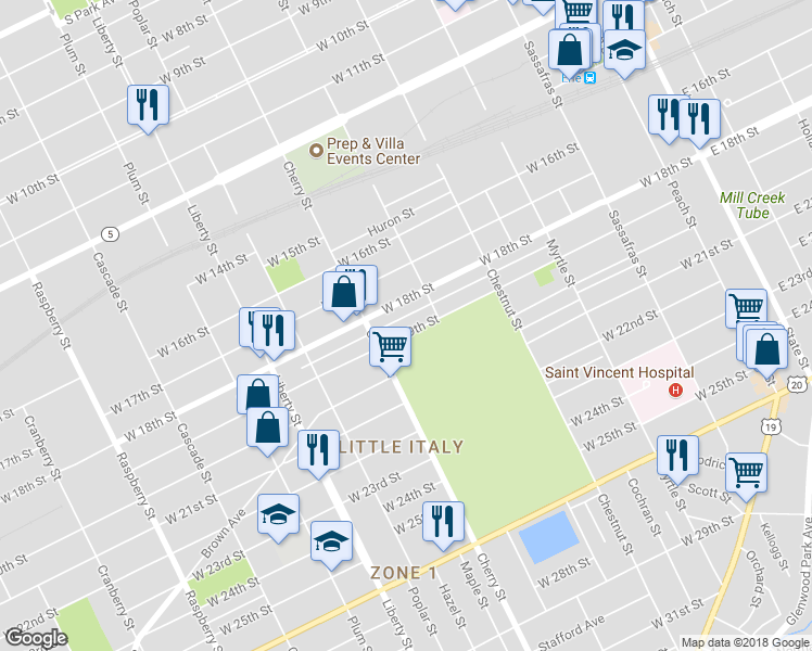 map of restaurants, bars, coffee shops, grocery stores, and more near 532 West 19th Street in Erie