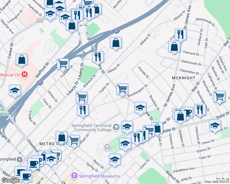 map of restaurants, bars, coffee shops, grocery stores, and more near 118 Armory Street in Springfield