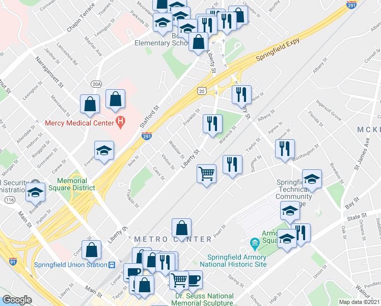 map of restaurants, bars, coffee shops, grocery stores, and more near 396 Liberty Street in Springfield