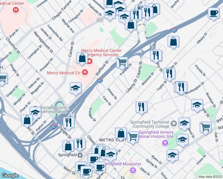 map of restaurants, bars, coffee shops, grocery stores, and more near 334 Franklin Street in Springfield