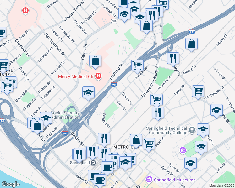 map of restaurants, bars, coffee shops, grocery stores, and more near 24-26 Leonard Street in Springfield