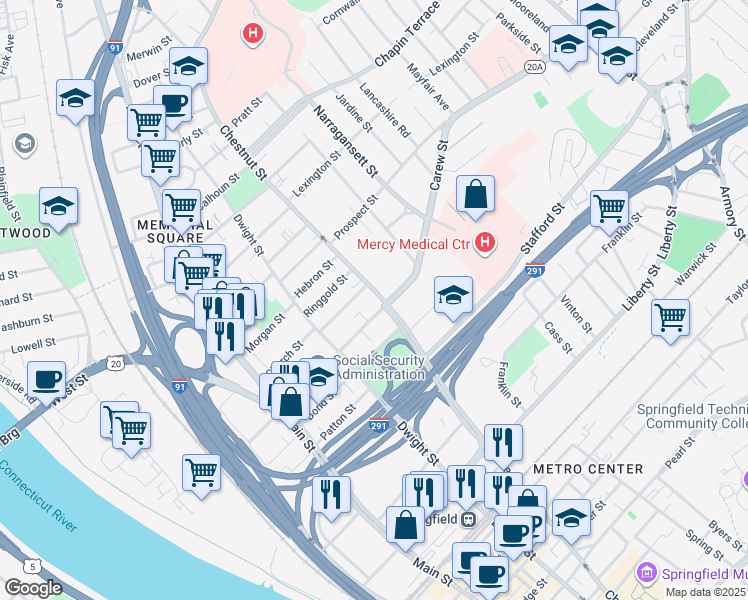 map of restaurants, bars, coffee shops, grocery stores, and more near in Springfield