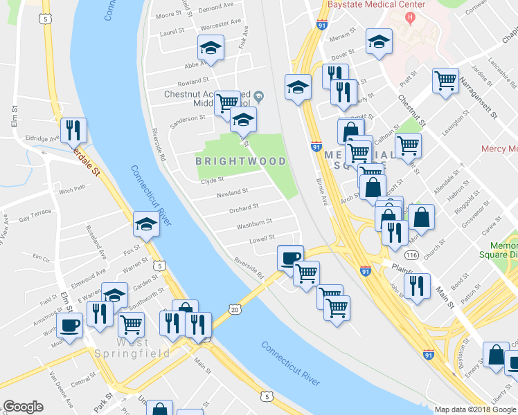map of restaurants, bars, coffee shops, grocery stores, and more near 30-32 Orchard Street in Springfield