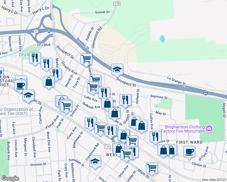 map of restaurants, bars, coffee shops, grocery stores, and more near 289 Prospect Street in Binghamton