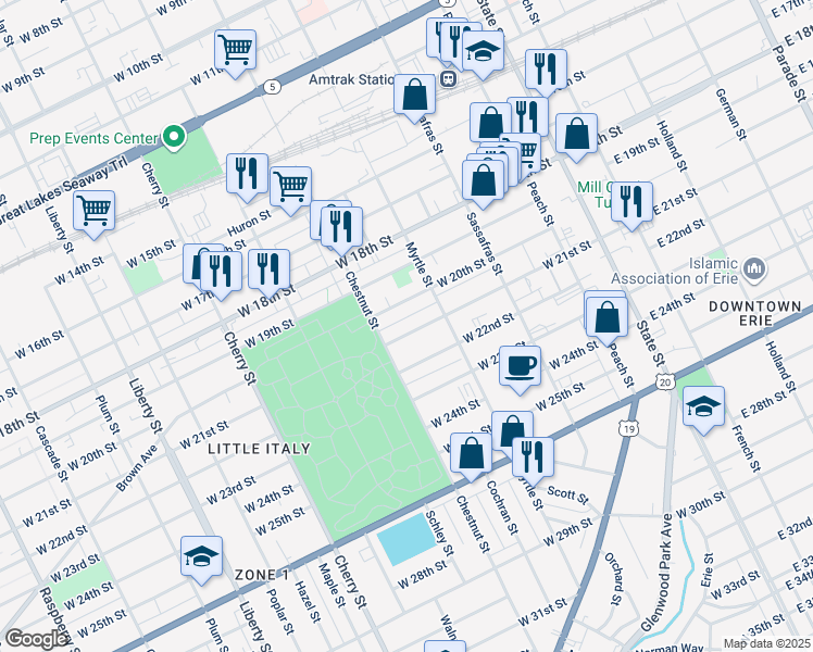 map of restaurants, bars, coffee shops, grocery stores, and more near 321 West 20th Street in Erie